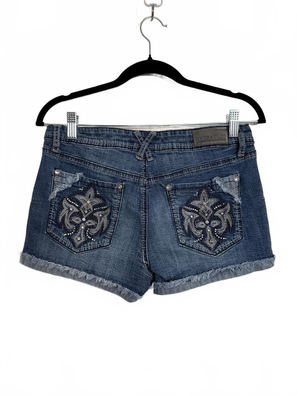 Y2K Hydraulic Denim Shorts with Embellished Back Pockets - Picture 2 of 6